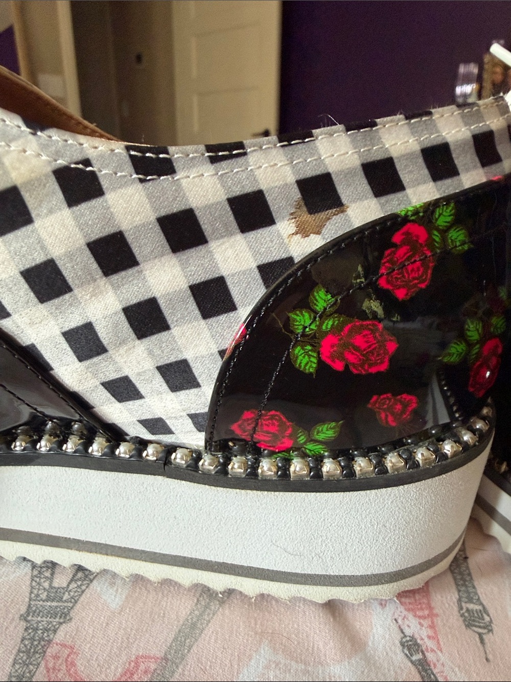 Betsey Johnson Black & White Gingham Flats with Pink Heart Accent - Picture 6 of 6